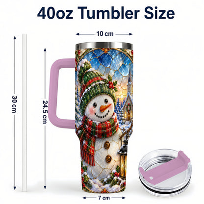 #pl[40oz|Pink] Snowman Church 40oz Tumbler with Handle, Winter Stainless Steel Travel Cup