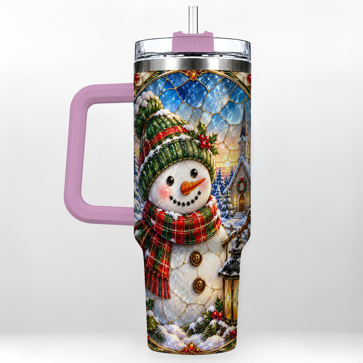 #pl[40oz|Pink] Snowman Church 40oz Tumbler with Handle, Winter Stainless Steel Travel Cup