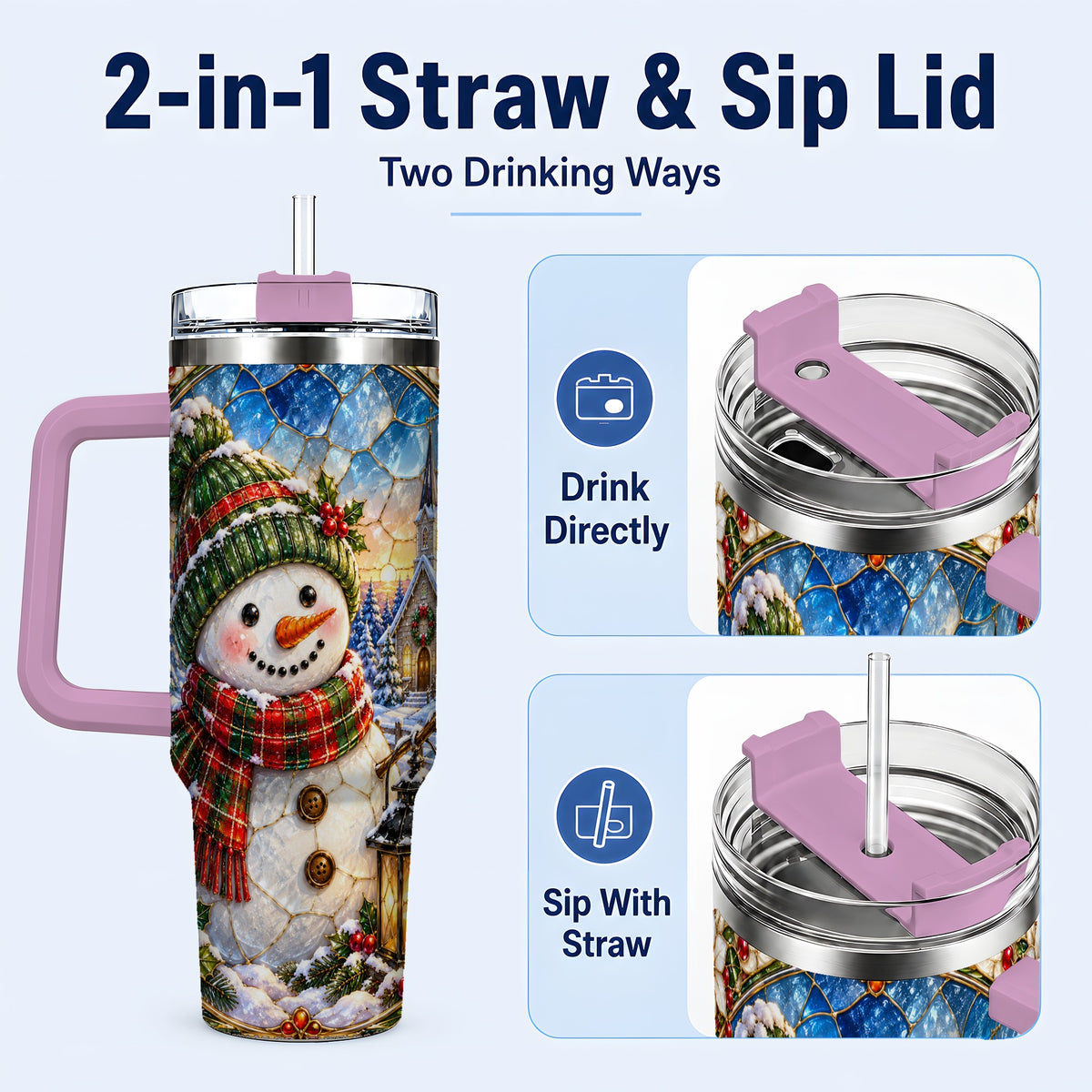 #pl[40oz|Pink] Snowman Church 40oz Tumbler with Handle, Winter Stainless Steel Travel Cup