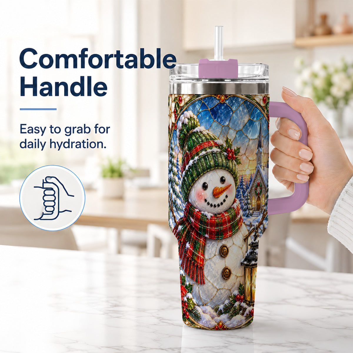 #pl[40oz|Pink] Snowman Church 40oz Tumbler with Handle, Winter Stainless Steel Travel Cup