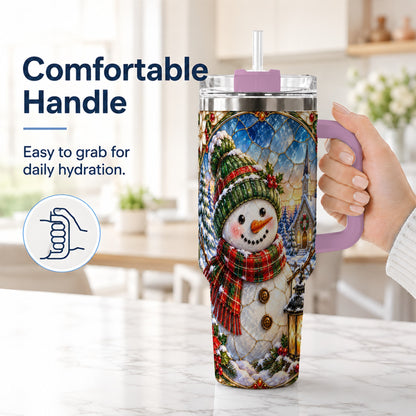 #pl[40oz|Pink] Snowman Church 40oz Tumbler with Handle, Winter Stainless Steel Travel Cup
