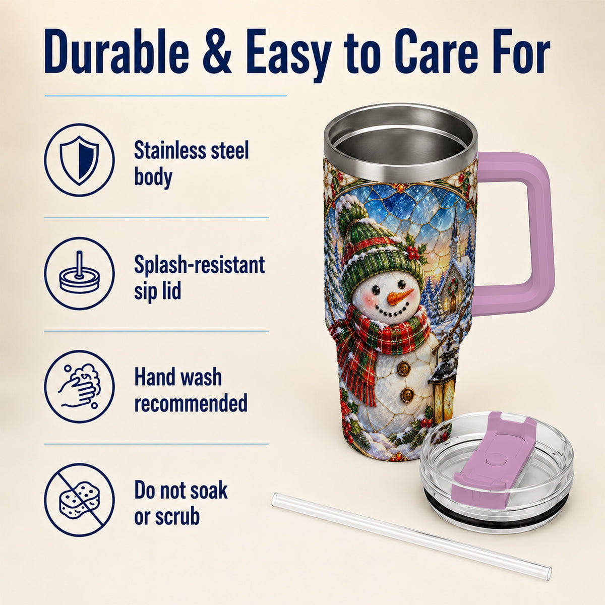 #pl[40oz|Pink] Snowman Church 40oz Tumbler with Handle, Winter Stainless Steel Travel Cup