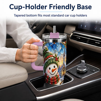 #pl[40oz|Pink] Snowman Church 40oz Tumbler with Handle, Winter Stainless Steel Travel Cup