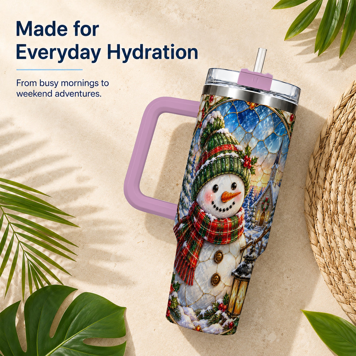 #pl[40oz|Pink] Snowman Church 40oz Tumbler with Handle, Winter Stainless Steel Travel Cup