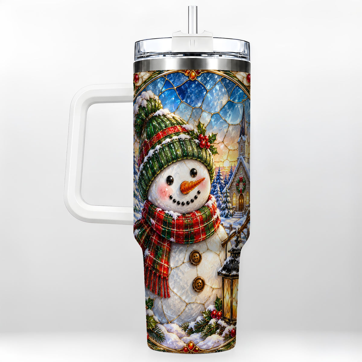 Snowman Church 40oz Tumbler with Handle, Winter Stainless Steel Travel Cup