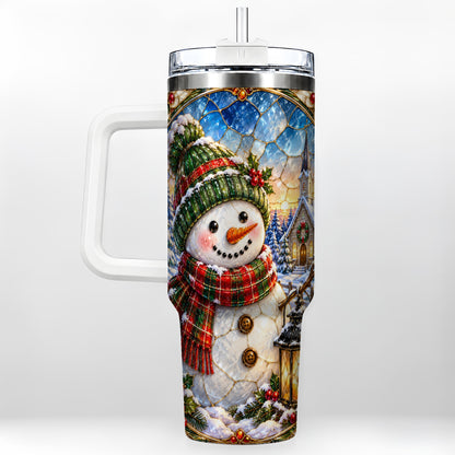 Snowman Church 40oz Tumbler with Handle, Winter Stainless Steel Travel Cup