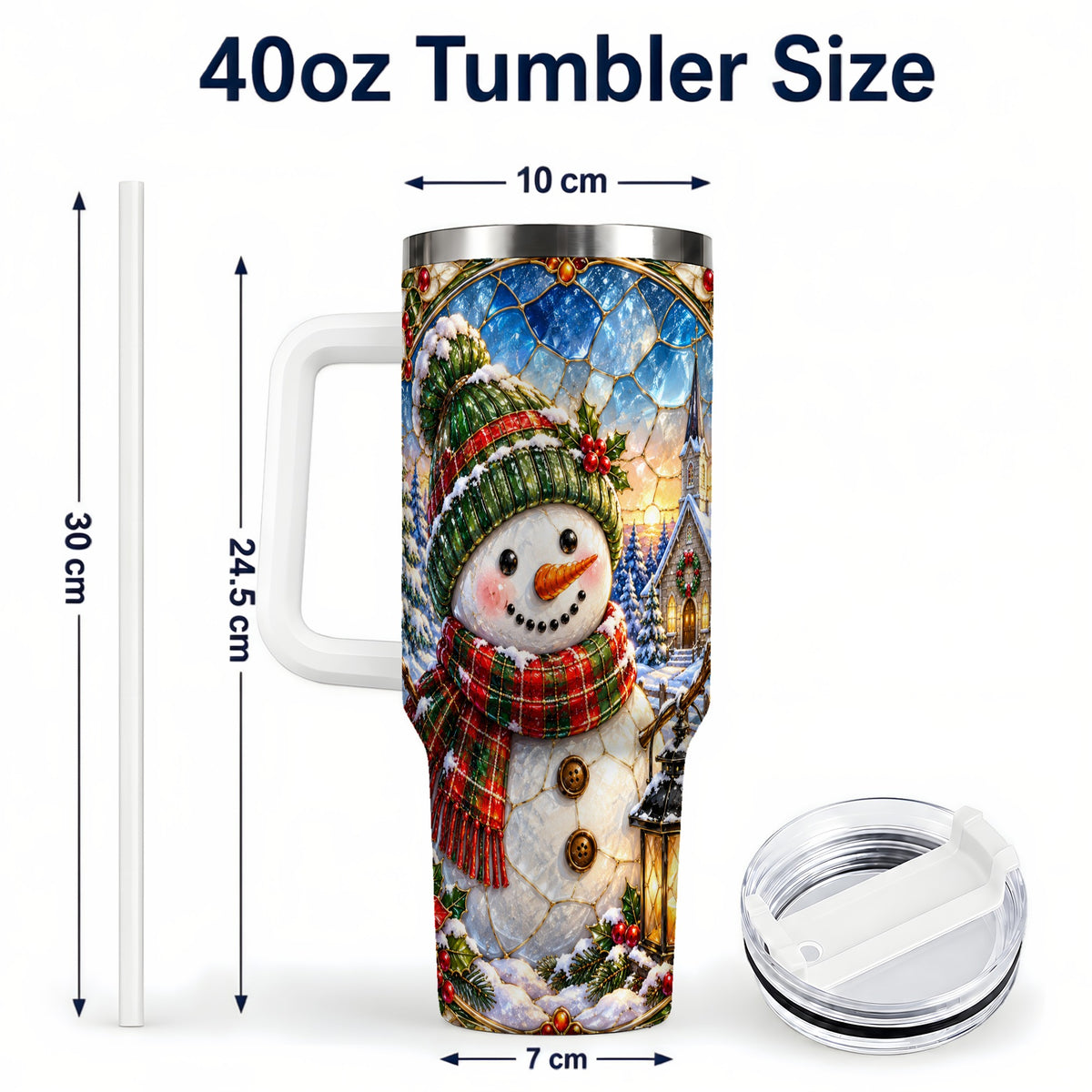 #pl[40oz|White] Snowman Church 40oz Tumbler with Handle, Winter Stainless Steel Travel Cup