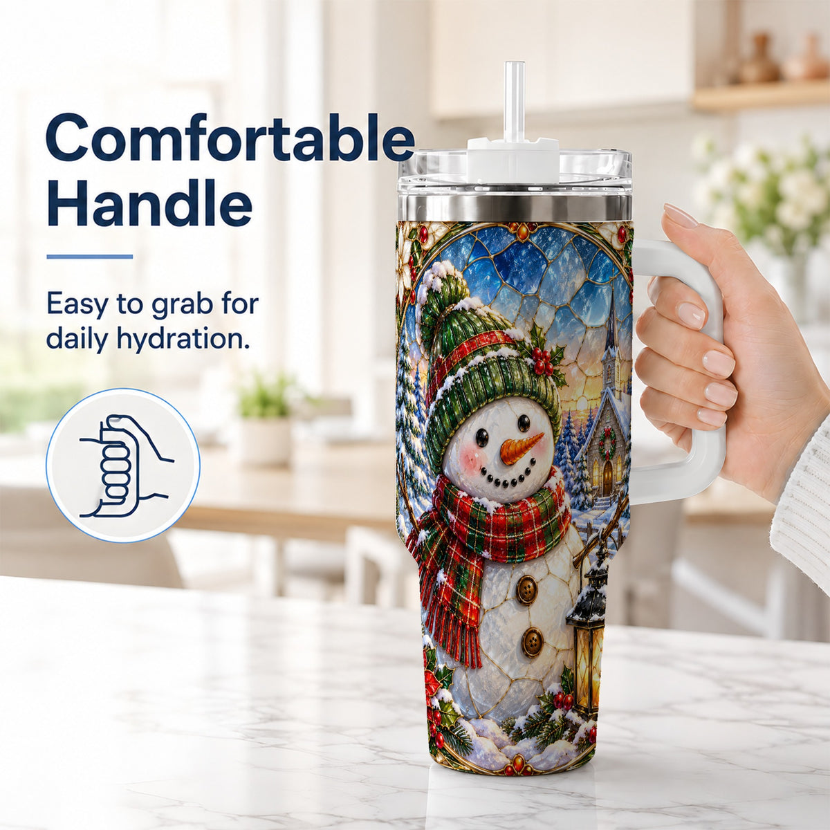 #pl[40oz|White] Snowman Church 40oz Tumbler with Handle, Winter Stainless Steel Travel Cup