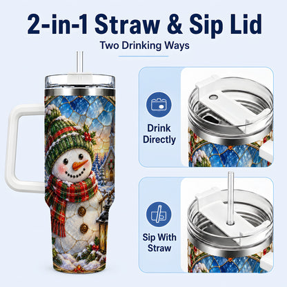 #pl[40oz|White] Snowman Church 40oz Tumbler with Handle, Winter Stainless Steel Travel Cup