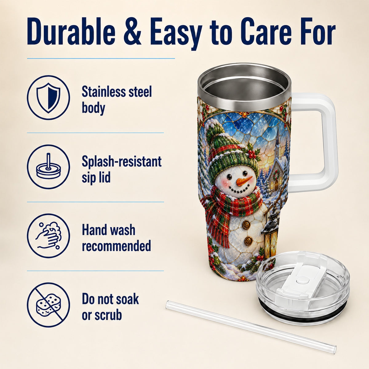 #pl[40oz|White] Snowman Church 40oz Tumbler with Handle, Winter Stainless Steel Travel Cup