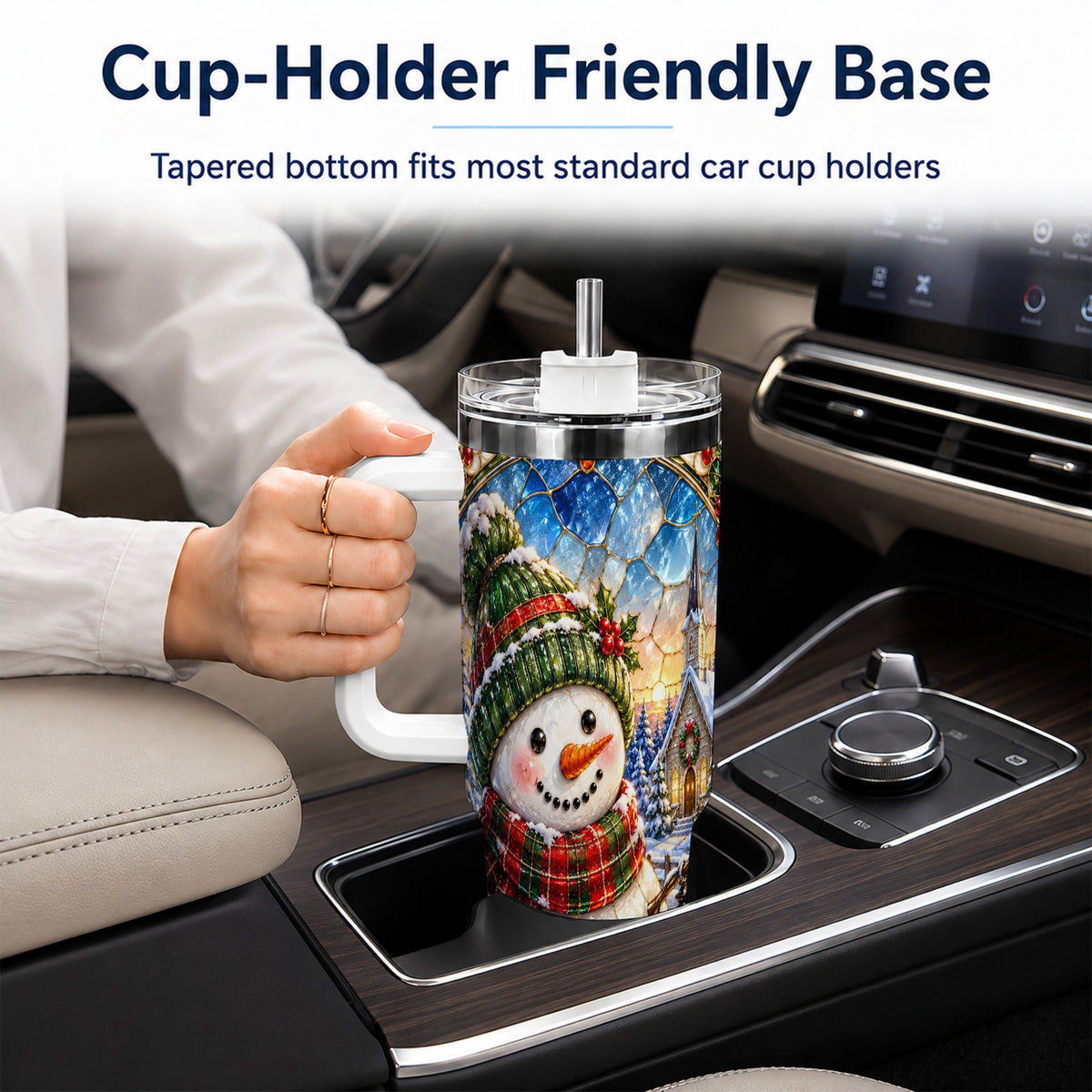 #pl[40oz|White] Snowman Church 40oz Tumbler with Handle, Winter Stainless Steel Travel Cup