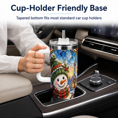#pl[40oz|White] Snowman Church 40oz Tumbler with Handle, Winter Stainless Steel Travel Cup