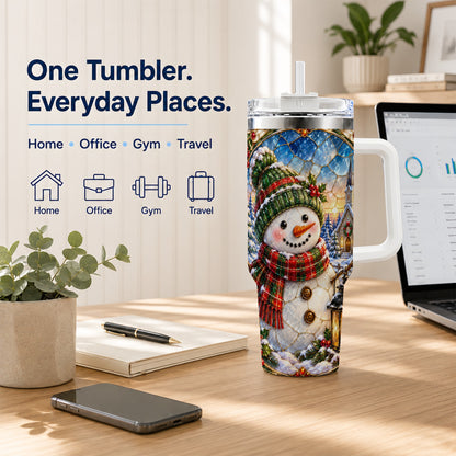 #pl[40oz|White] Snowman Church 40oz Tumbler with Handle, Winter Stainless Steel Travel Cup