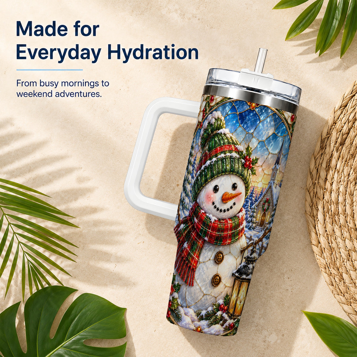 #pl[40oz|White] Snowman Church 40oz Tumbler with Handle, Winter Stainless Steel Travel Cup