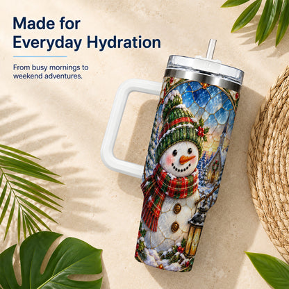 #pl[40oz|White] Snowman Church 40oz Tumbler with Handle, Winter Stainless Steel Travel Cup