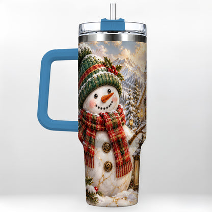 #pl[40oz|Blue] Snowman Chapel 40oz Tumbler with Handle, Winter Stainless Steel Travel Cup