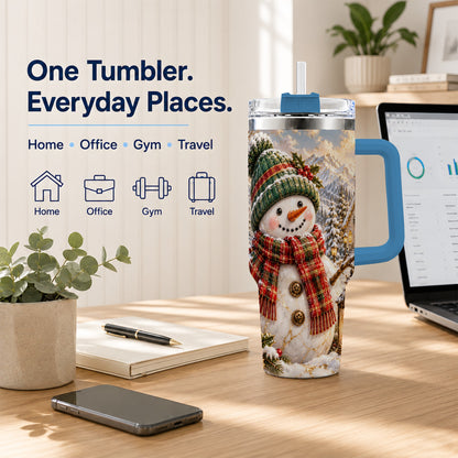 #pl[40oz|Blue] Snowman Chapel 40oz Tumbler with Handle, Winter Stainless Steel Travel Cup
