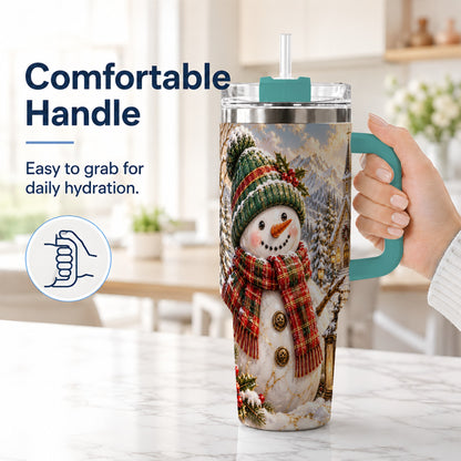 #pl[40oz|Green] Snowman Chapel 40oz Tumbler with Handle, Winter Stainless Steel Travel Cup