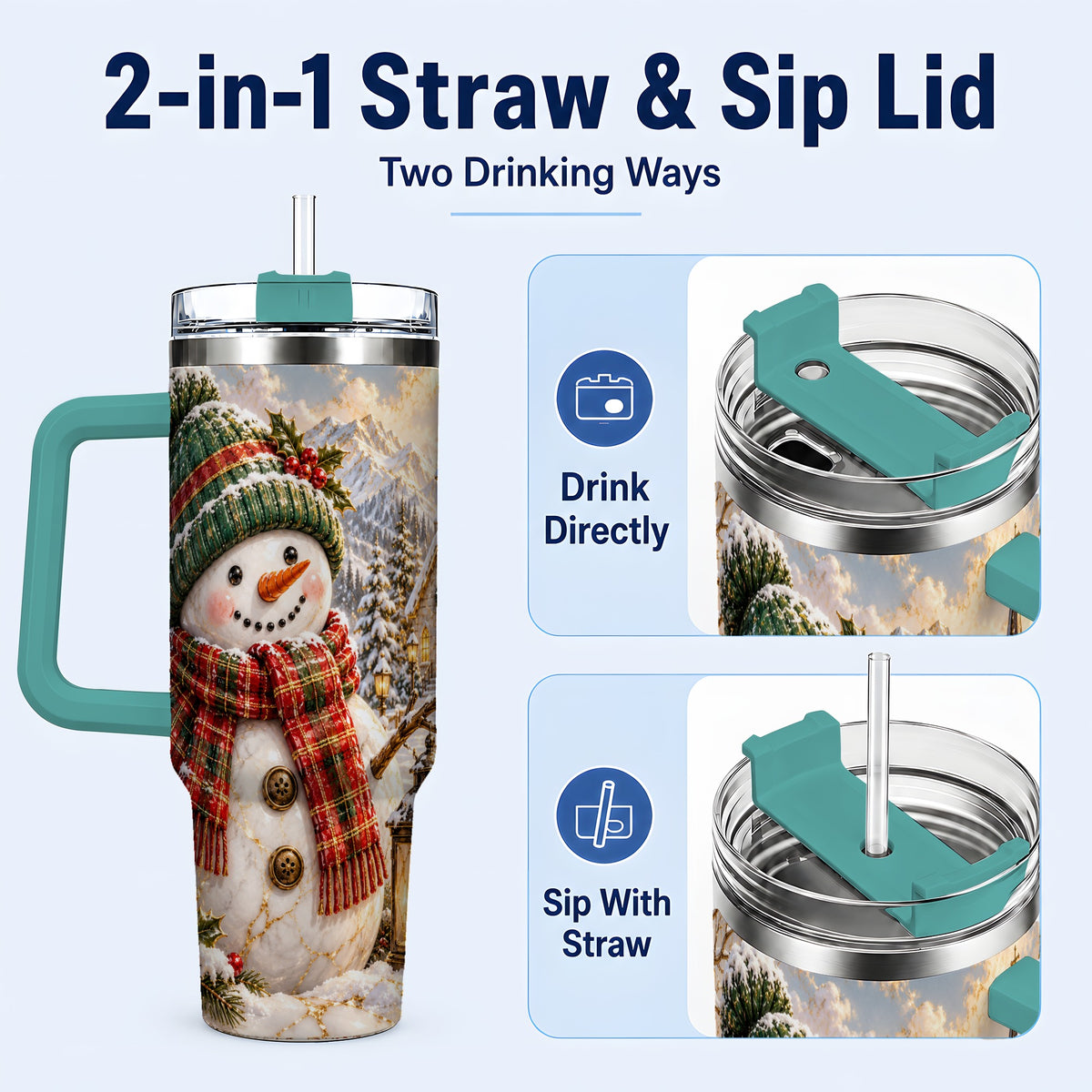 #pl[40oz|Green] Snowman Chapel 40oz Tumbler with Handle, Winter Stainless Steel Travel Cup