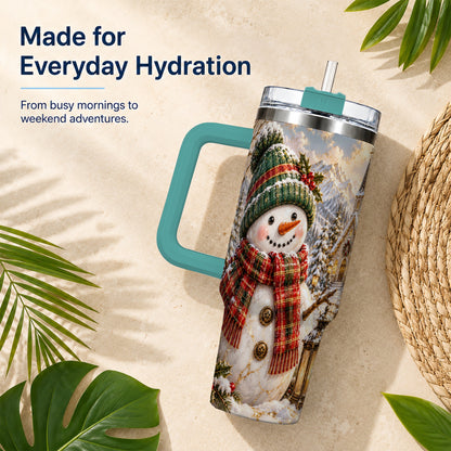 #pl[40oz|Green] Snowman Chapel 40oz Tumbler with Handle, Winter Stainless Steel Travel Cup