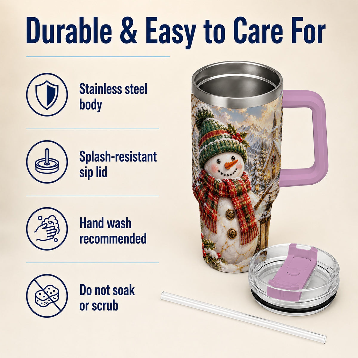 #pl[40oz|Pink] Snowman Chapel 40oz Tumbler with Handle, Winter Stainless Steel Travel Cup