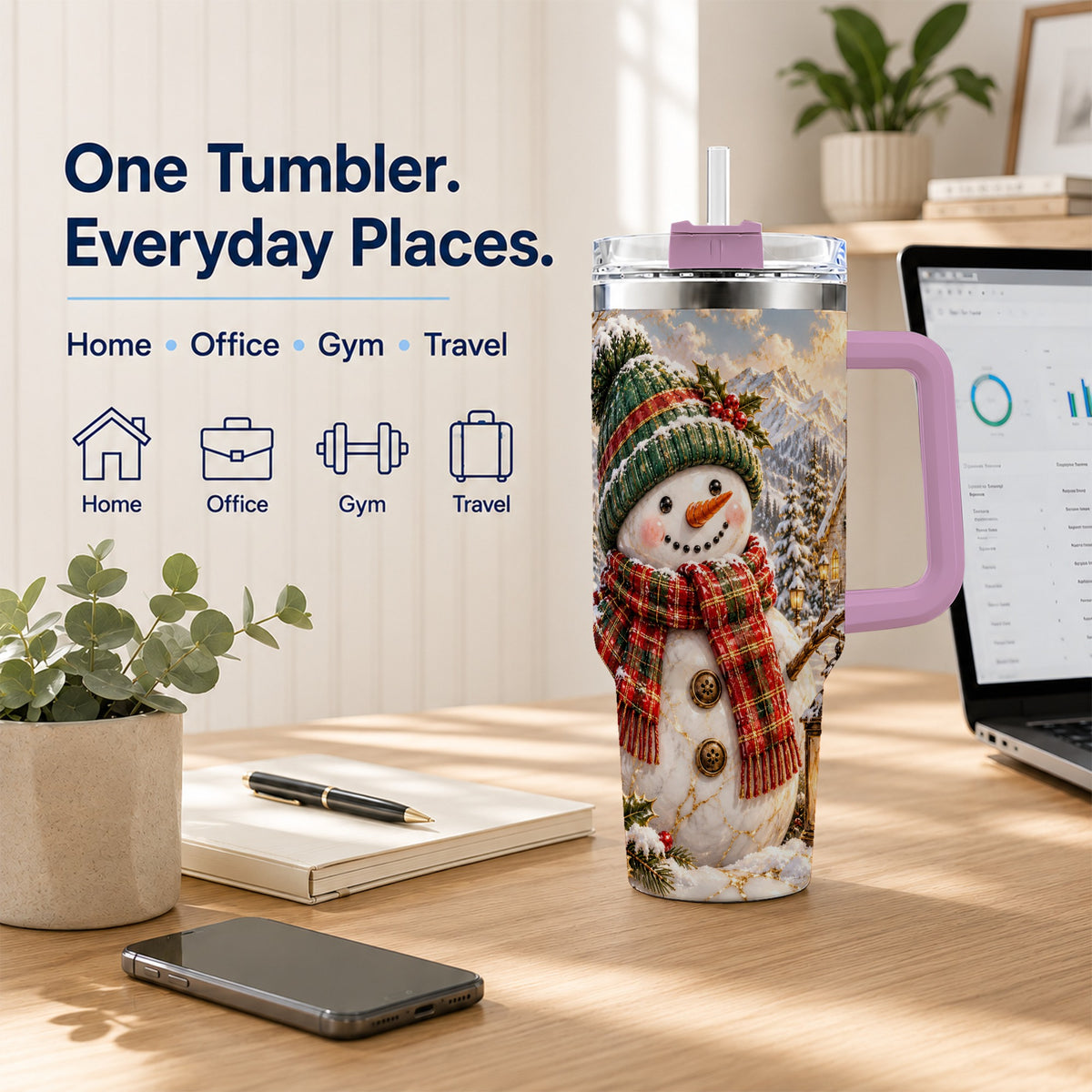#pl[40oz|Pink] Snowman Chapel 40oz Tumbler with Handle, Winter Stainless Steel Travel Cup