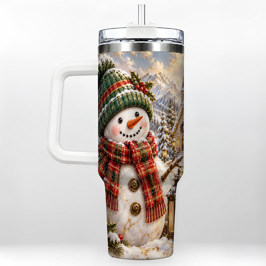 Snowman Chapel 40oz Tumbler with Handle, Winter Stainless Steel Travel Cup