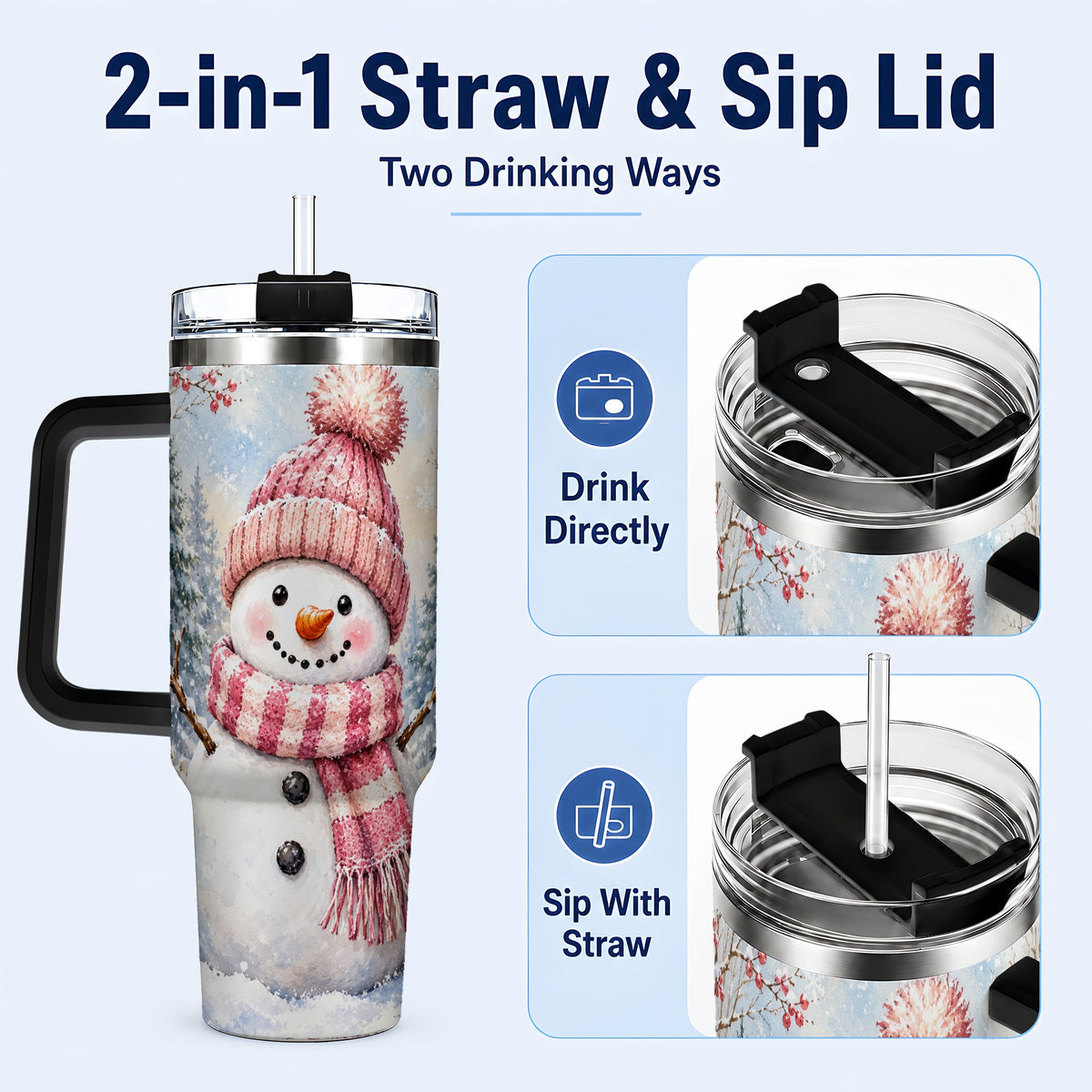 #pl[40oz|Black] Pink Snowman 40oz Tumbler with Handle, Winter Stainless Steel Travel Cup