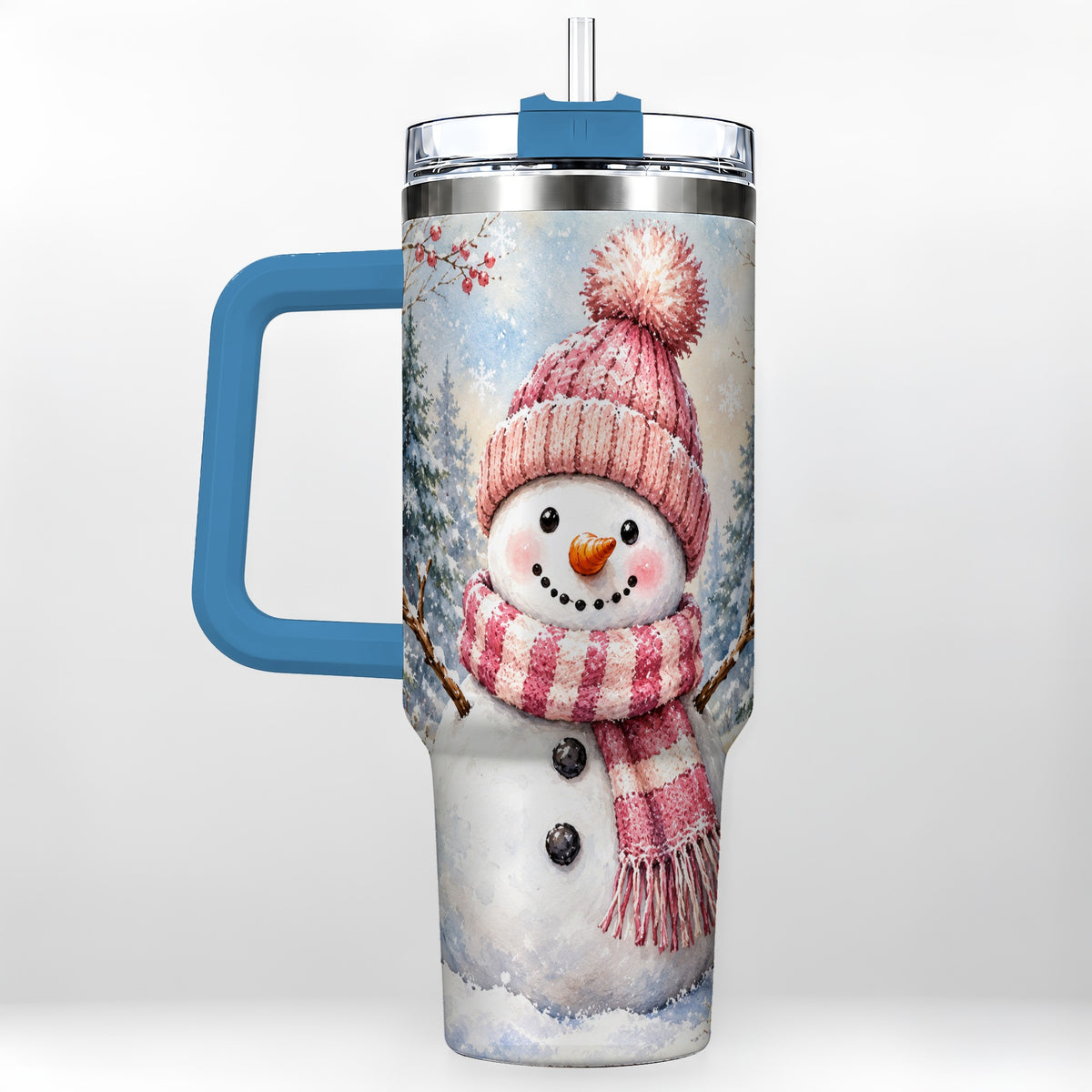 #pl[40oz|Blue] Pink Snowman 40oz Tumbler with Handle, Winter Stainless Steel Travel Cup