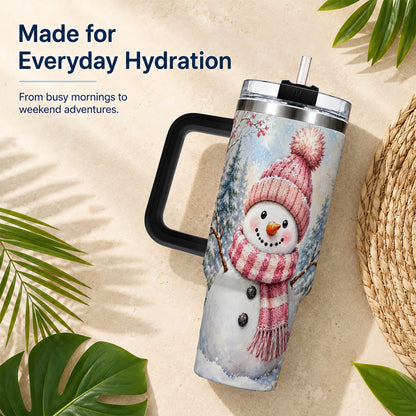 #pl[40oz|Black] Pink Snowman 40oz Tumbler with Handle, Winter Stainless Steel Travel Cup