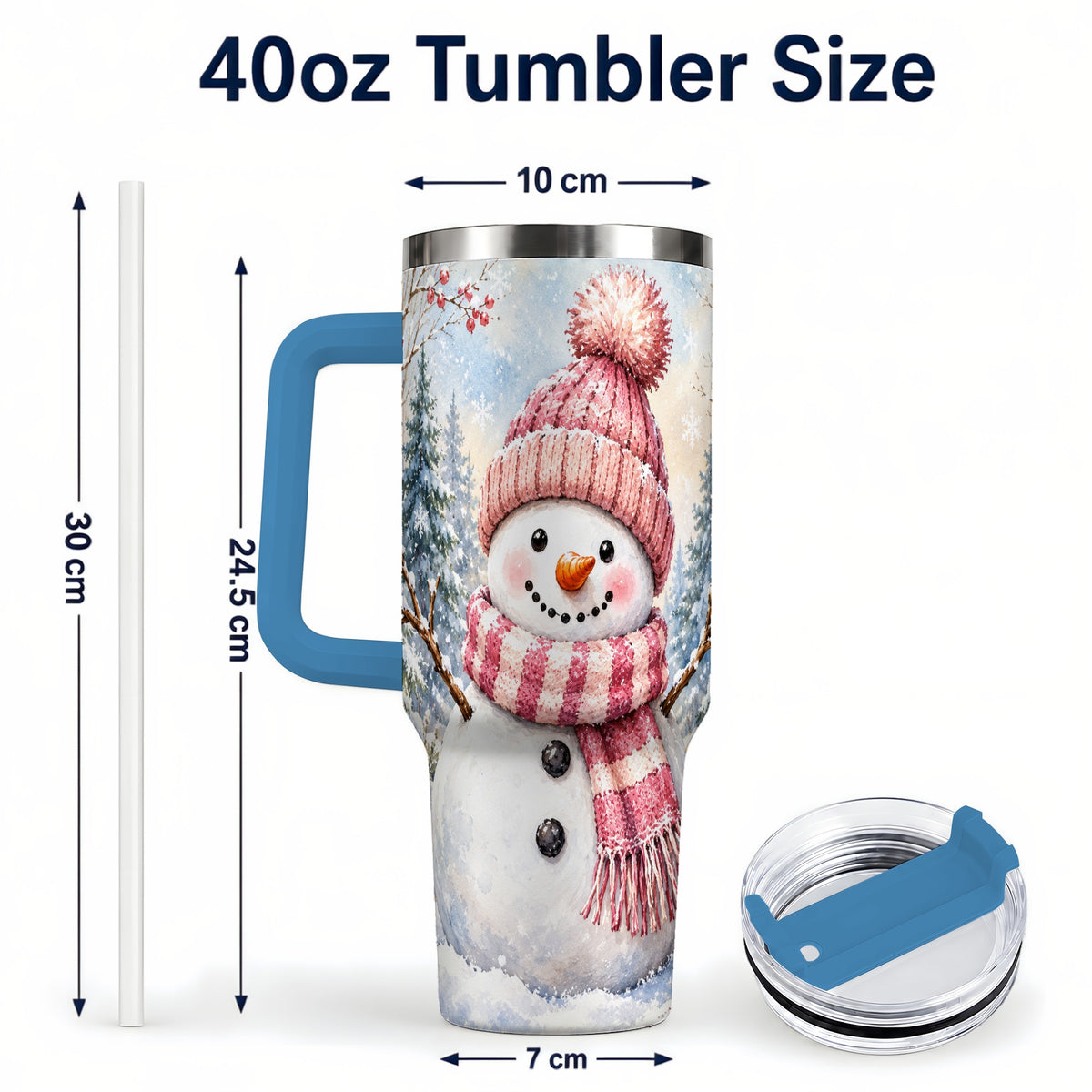#pl[40oz|Blue] Pink Snowman 40oz Tumbler with Handle, Winter Stainless Steel Travel Cup
