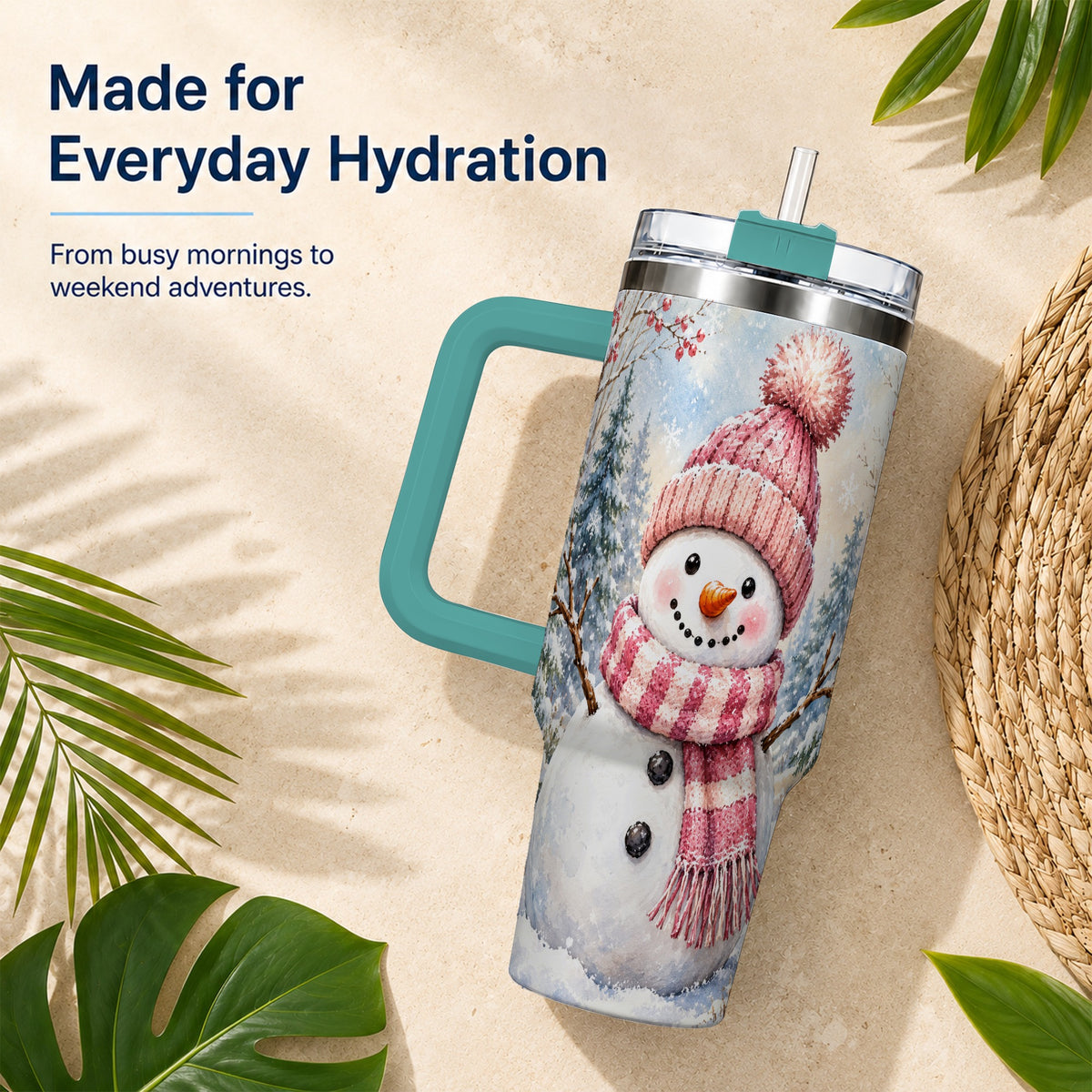 #pl[40oz|Green] Pink Snowman 40oz Tumbler with Handle, Winter Stainless Steel Travel Cup