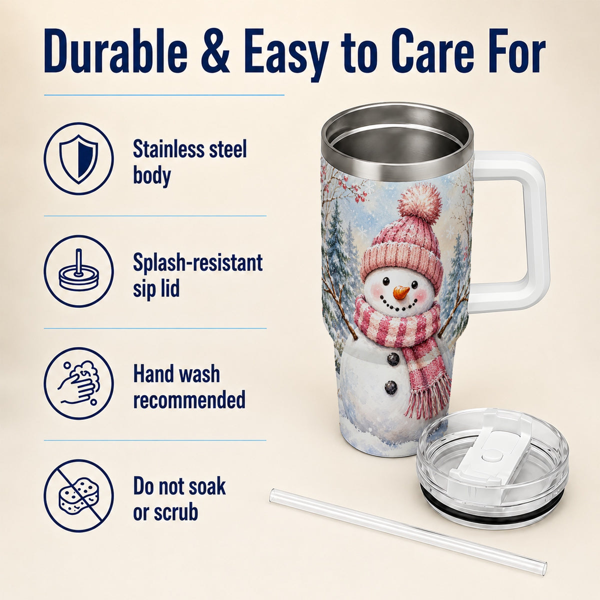 #pl[40oz|White] Pink Snowman 40oz Tumbler with Handle, Winter Stainless Steel Travel Cup