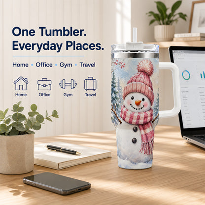 #pl[40oz|White] Pink Snowman 40oz Tumbler with Handle, Winter Stainless Steel Travel Cup