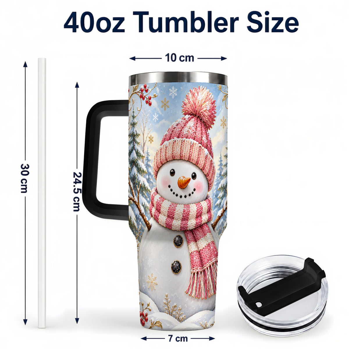 #pl[40oz|Black] Pink Snowman 40oz Tumbler with Handle, Winter Stainless Steel Travel Cup