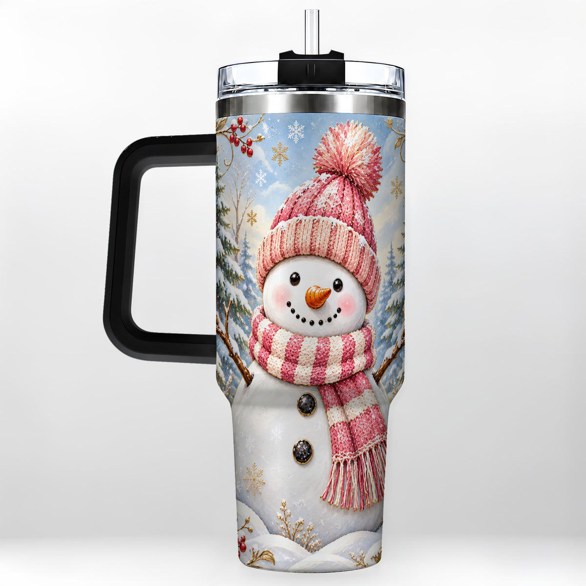 #pl[40oz|Black] Pink Snowman 40oz Tumbler with Handle, Winter Stainless Steel Travel Cup