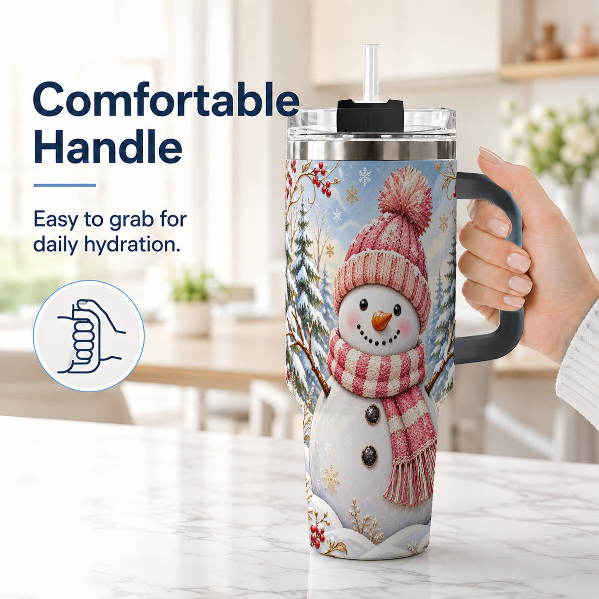 #pl[40oz|Black] Pink Snowman 40oz Tumbler with Handle, Winter Stainless Steel Travel Cup