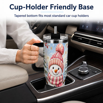 #pl[40oz|Black] Pink Snowman 40oz Tumbler with Handle, Winter Stainless Steel Travel Cup