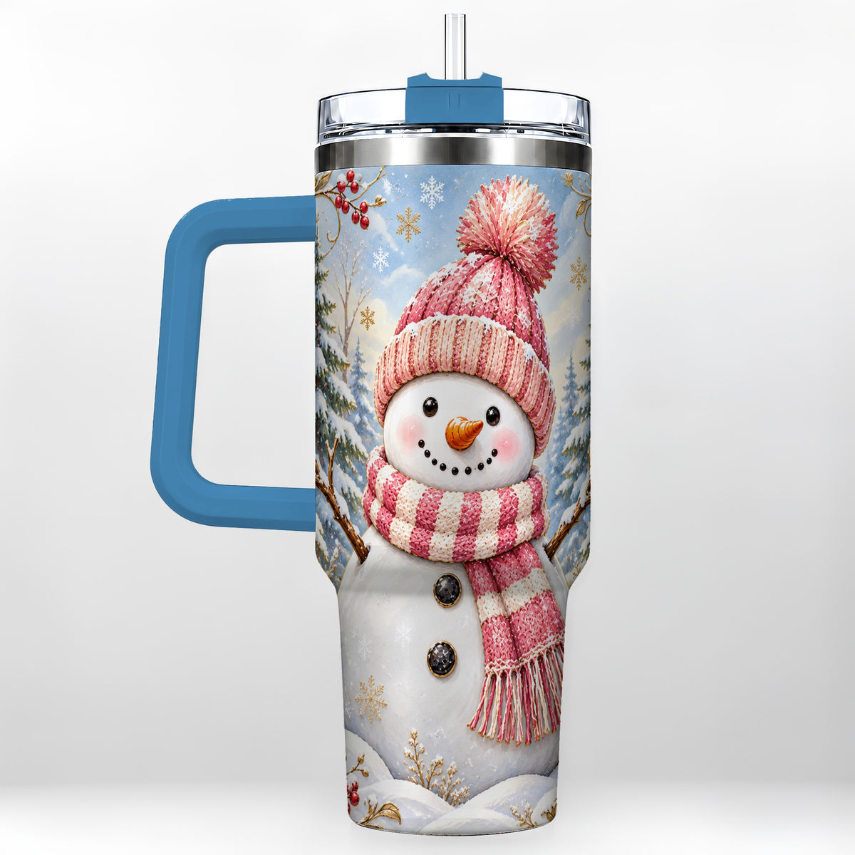 #pl[40oz|Blue] Pink Snowman 40oz Tumbler with Handle, Winter Stainless Steel Travel Cup