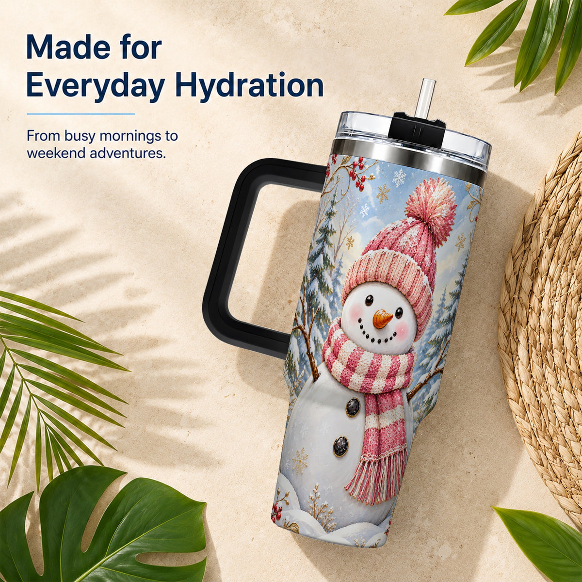 #pl[40oz|Black] Pink Snowman 40oz Tumbler with Handle, Winter Stainless Steel Travel Cup