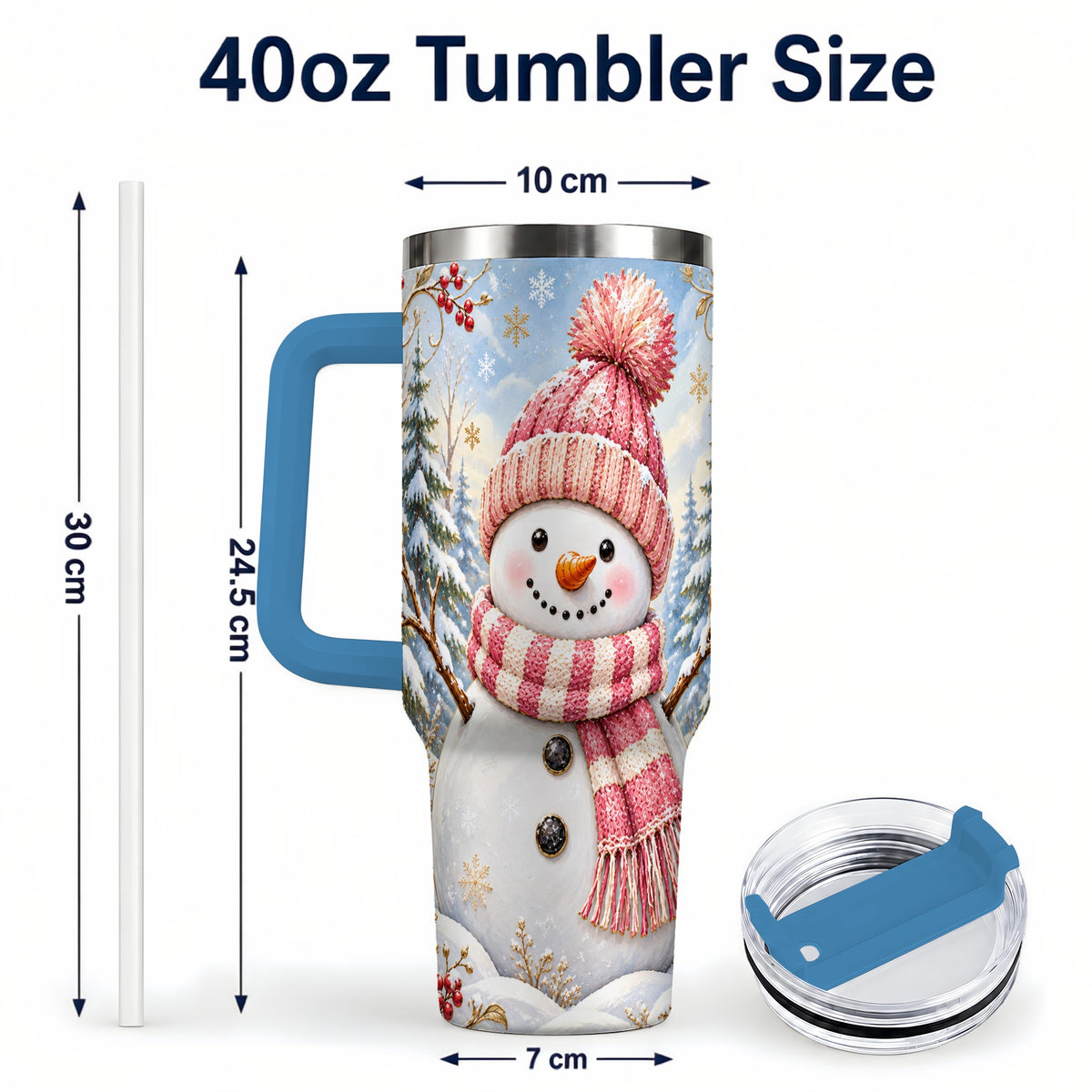 #pl[40oz|Blue] Pink Snowman 40oz Tumbler with Handle, Winter Stainless Steel Travel Cup