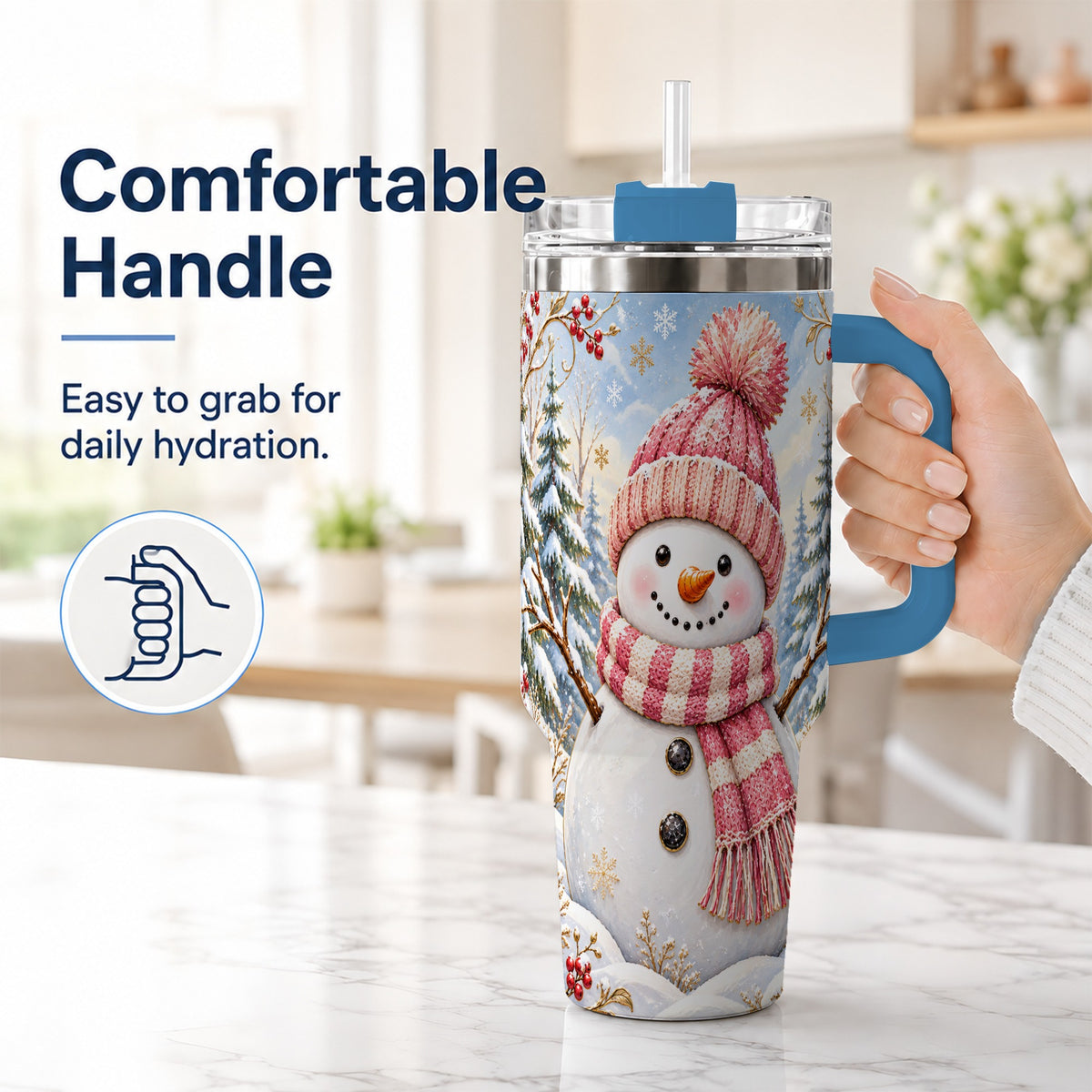 #pl[40oz|Blue] Pink Snowman 40oz Tumbler with Handle, Winter Stainless Steel Travel Cup