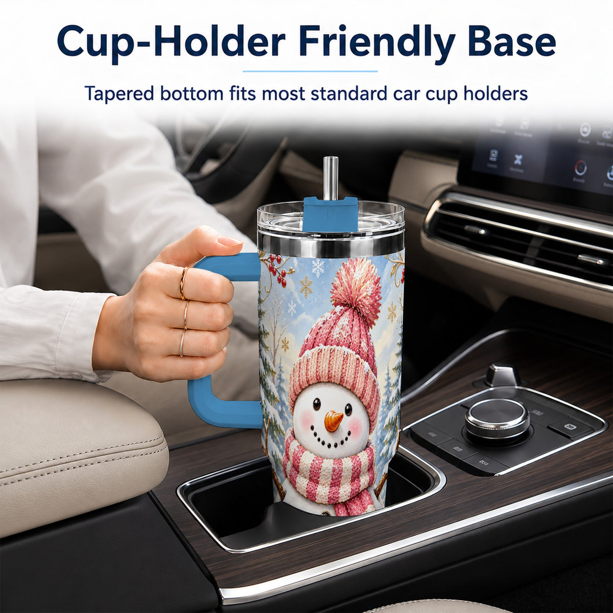#pl[40oz|Blue] Pink Snowman 40oz Tumbler with Handle, Winter Stainless Steel Travel Cup
