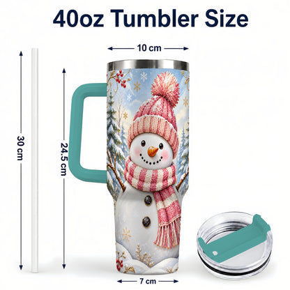 #pl[40oz|Green] Pink Snowman 40oz Tumbler with Handle, Winter Stainless Steel Travel Cup