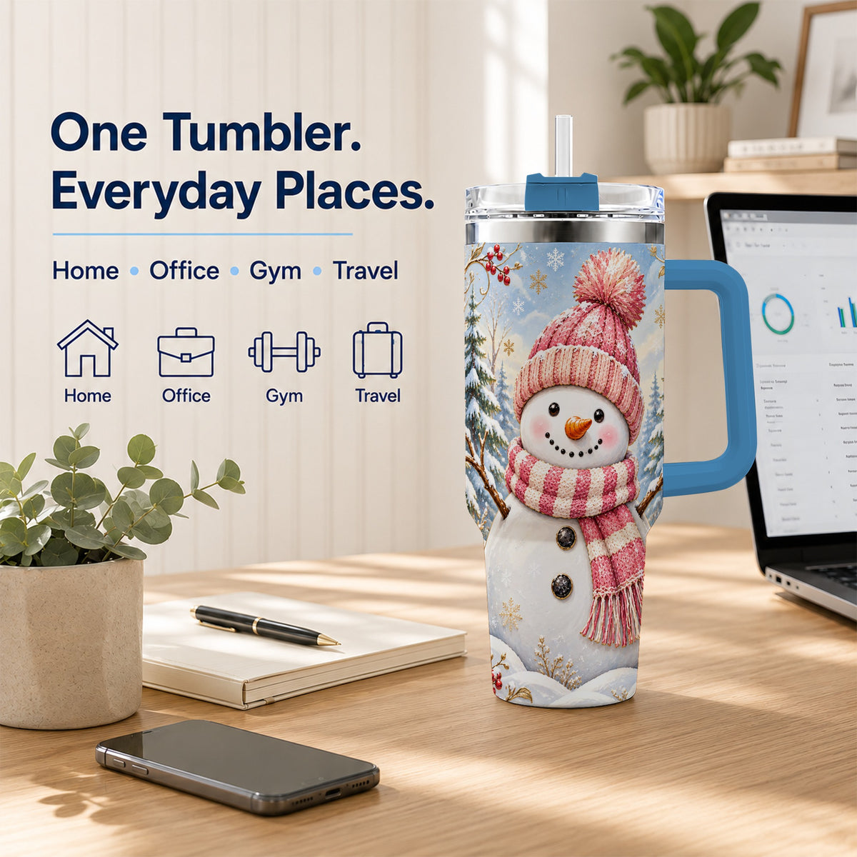 #pl[40oz|Blue] Pink Snowman 40oz Tumbler with Handle, Winter Stainless Steel Travel Cup
