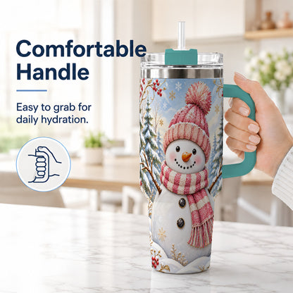 #pl[40oz|Green] Pink Snowman 40oz Tumbler with Handle, Winter Stainless Steel Travel Cup