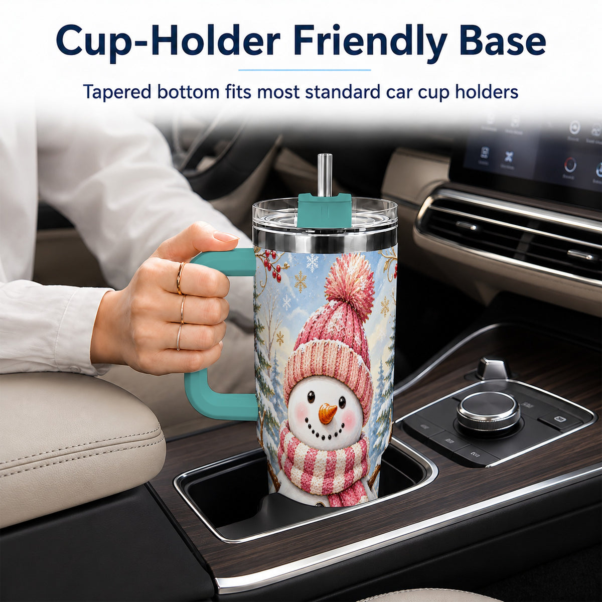 #pl[40oz|Green] Pink Snowman 40oz Tumbler with Handle, Winter Stainless Steel Travel Cup