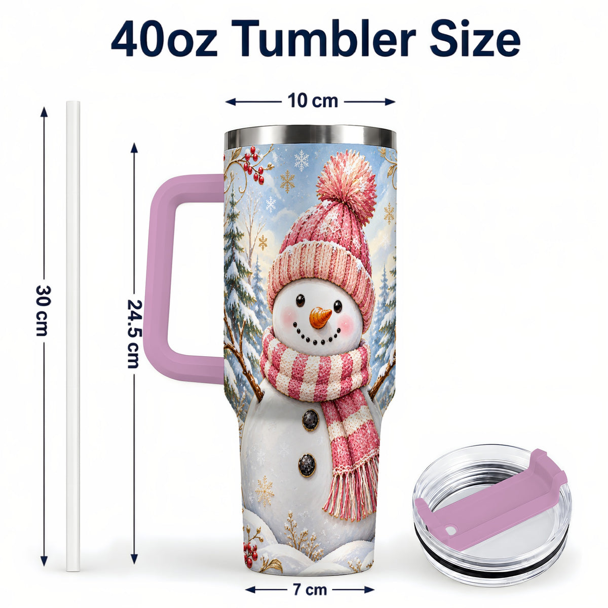 #pl[40oz|Pink] Pink Snowman 40oz Tumbler with Handle, Winter Stainless Steel Travel Cup