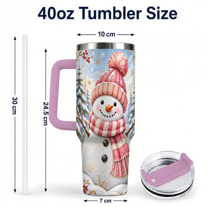 #pl[40oz|Pink] Pink Snowman 40oz Tumbler with Handle, Winter Stainless Steel Travel Cup