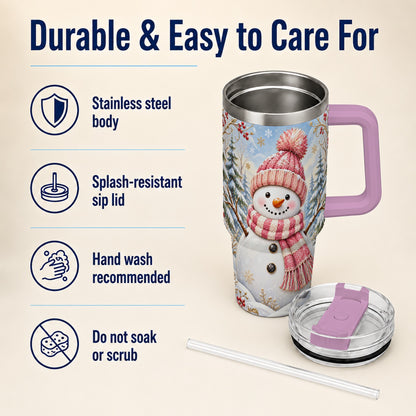 #pl[40oz|Pink] Pink Snowman 40oz Tumbler with Handle, Winter Stainless Steel Travel Cup